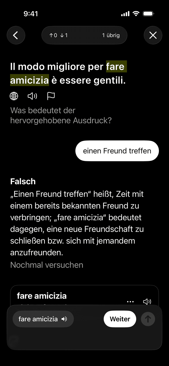 Die Meanings-App gibt auf einem iPhone Feedback zu einer Vokabelantwort
