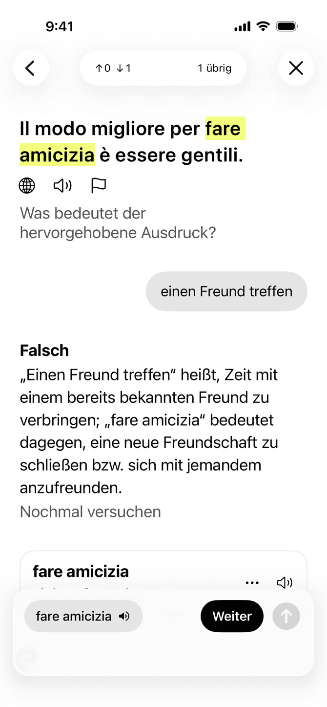 Die Meanings-App gibt auf einem iPhone Feedback zu einer Vokabelantwort