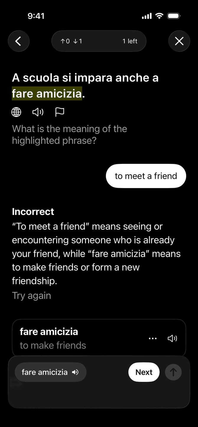 The Meanings app giving feedback on a vocabulary answer on an iPhone