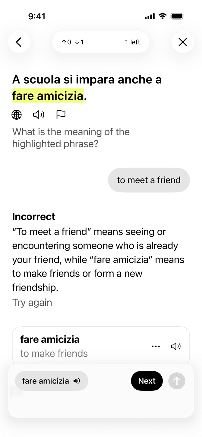 The Meanings app giving feedback on a vocabulary answer on an iPhone