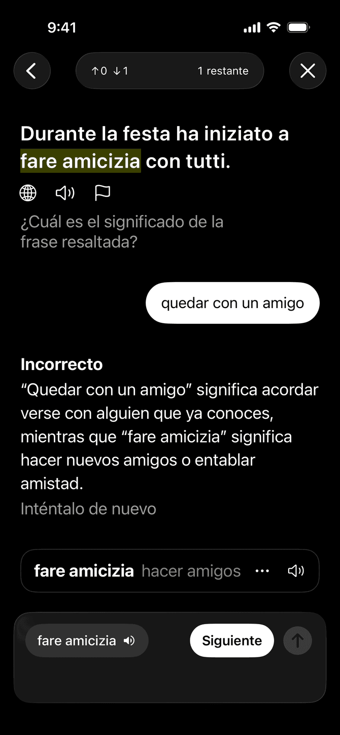 La aplicación Meanings dando comentarios sobre una respuesta de vocabulario en un iPhone