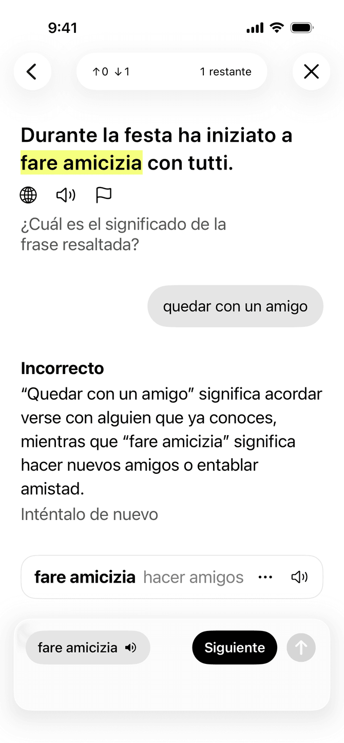 La aplicación Meanings dando comentarios sobre una respuesta de vocabulario en un iPhone