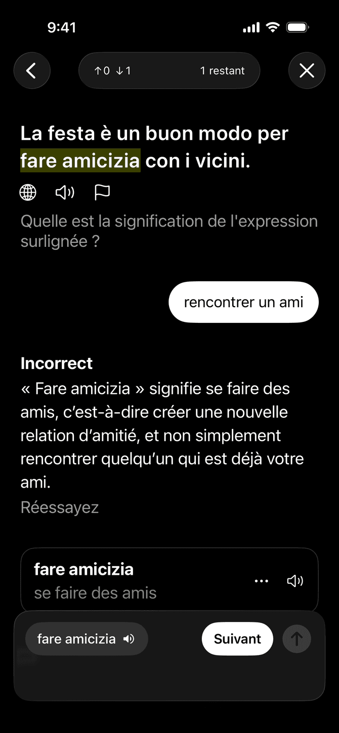 L'application Meanings donnant un retour sur une réponse de vocabulaire sur un iPhone