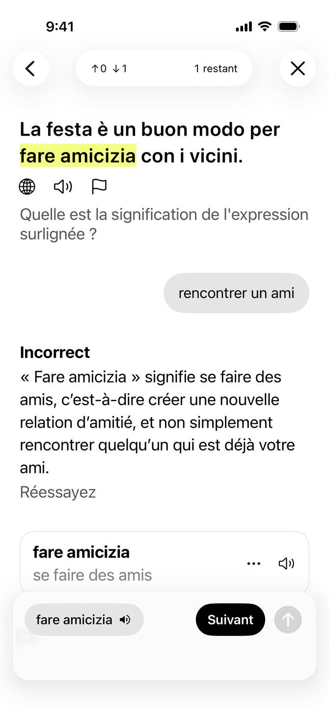 L'application Meanings donnant un retour sur une réponse de vocabulaire sur un iPhone