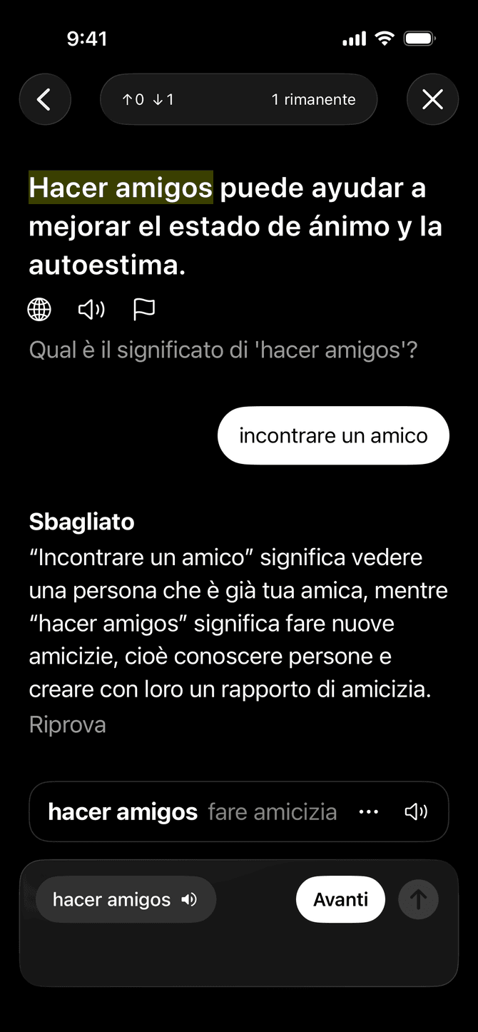 L'app Meanings che fornisce un feedback su una risposta di vocabolario su un iPhone