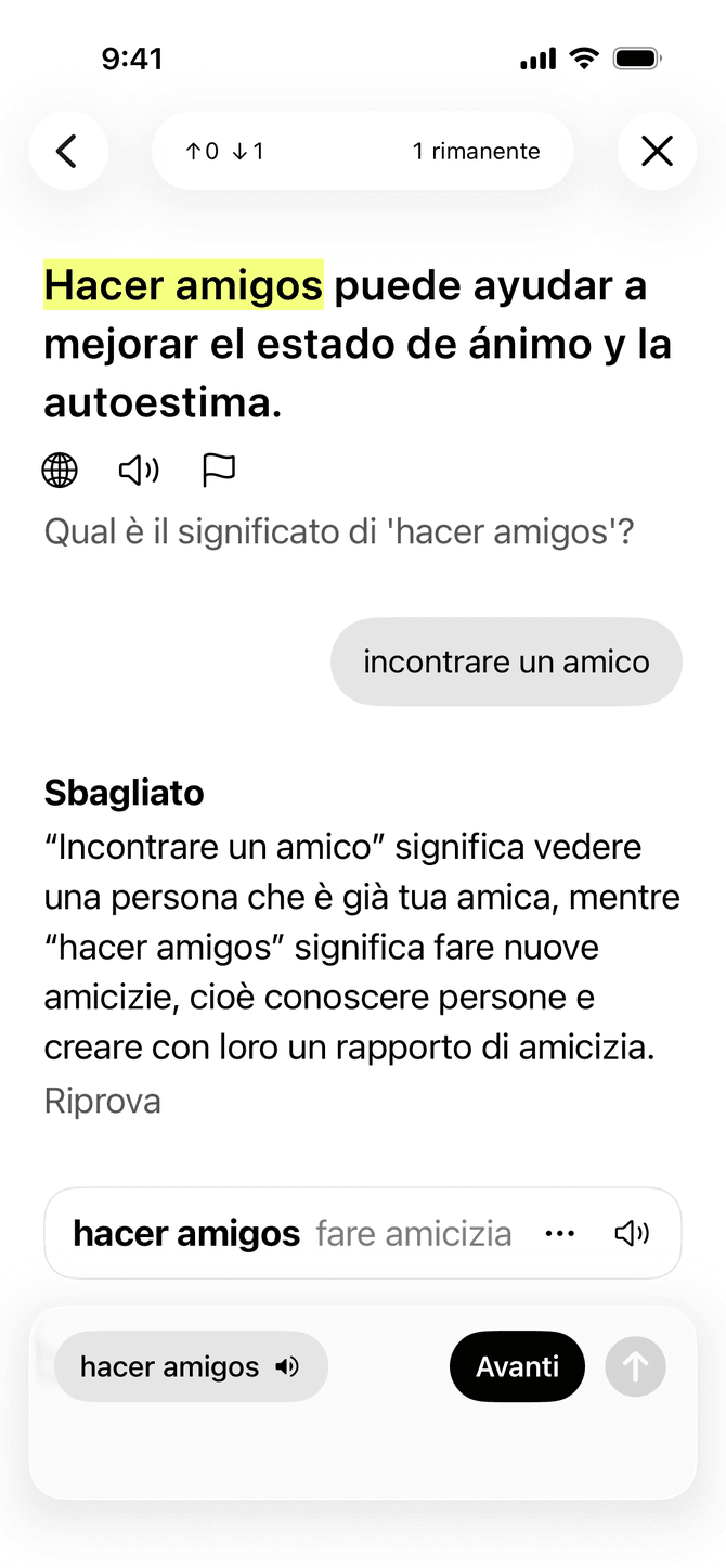 L'app Meanings che fornisce un feedback su una risposta di vocabolario su un iPhone