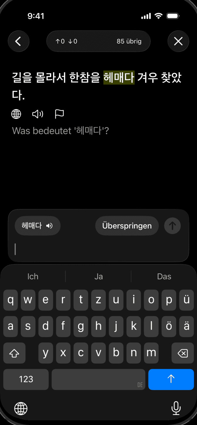 Die Meanings-App beim Wiederholen koreanischer Vokabeln auf einem iPhone