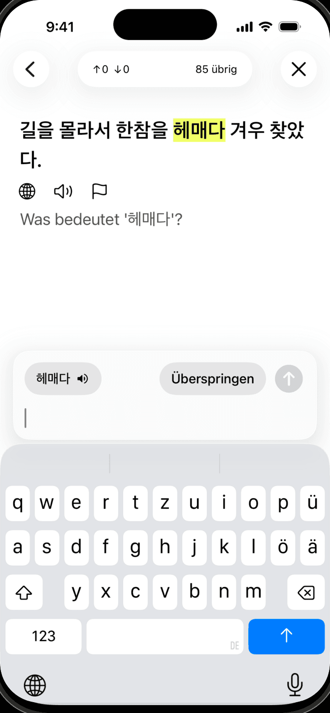 Die Meanings-App beim Wiederholen koreanischer Vokabeln auf einem iPhone